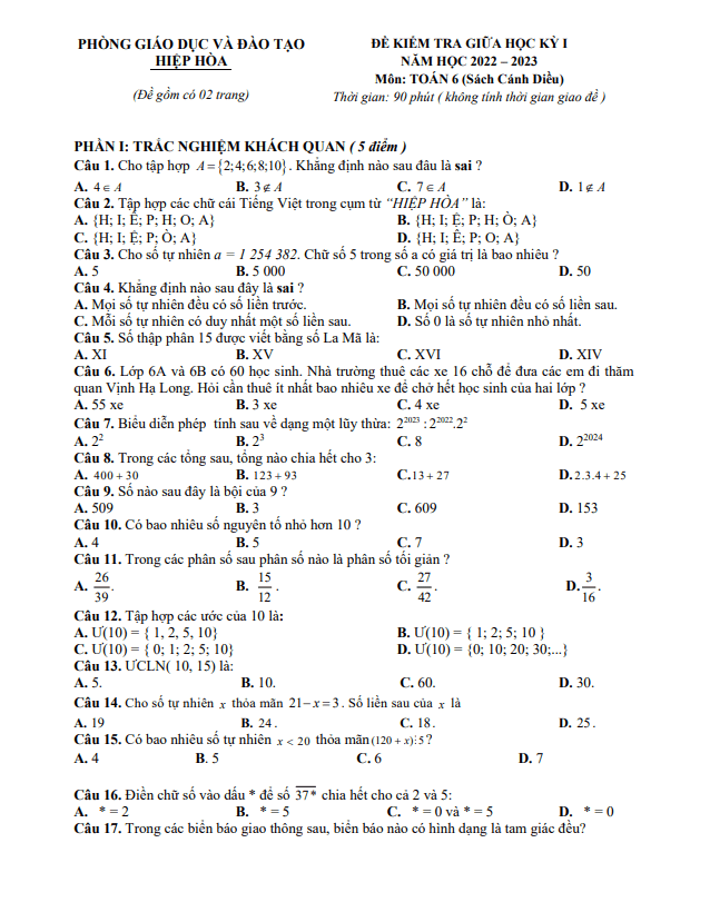 Đề thi giữa học kì 1 (HK1) lớp 6 môn Toán (Cánh Diều) năm 2022 2023 phòng GD ĐT Hiệp Hòa Bắc Giang