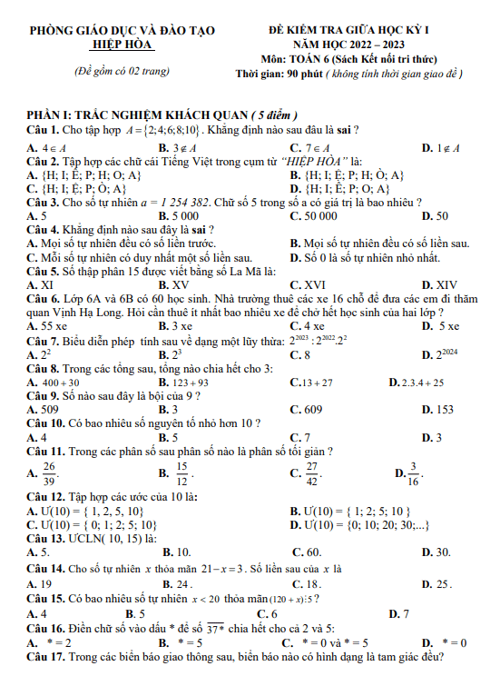 Đề thi giữa học kì 1 (HK1) lớp 6 môn Toán (KNTTVCS) năm 2022 2023 phòng GD ĐT Hiệp Hòa Bắc Giang
