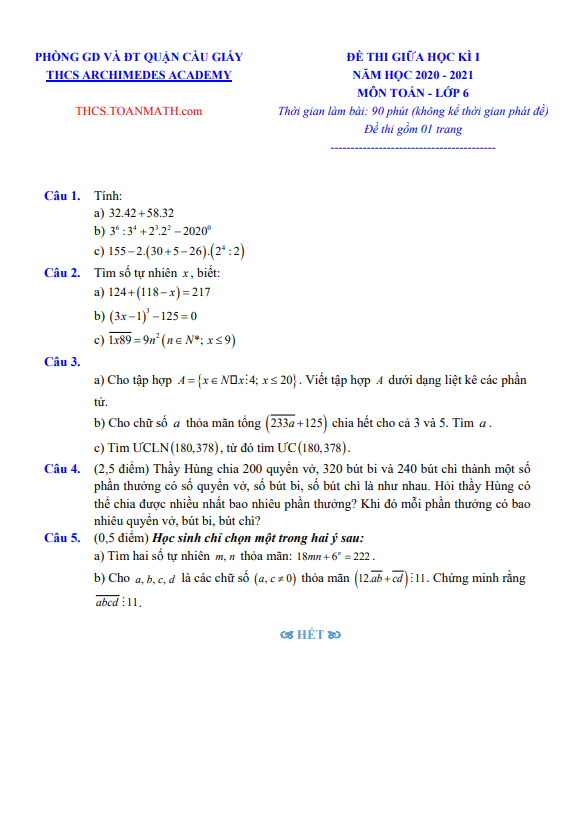 Đề thi giữa học kì 1 (HK1) lớp 6 môn Toán năm 2020 2021 trường THCS Archimedes Academy Hà Nội