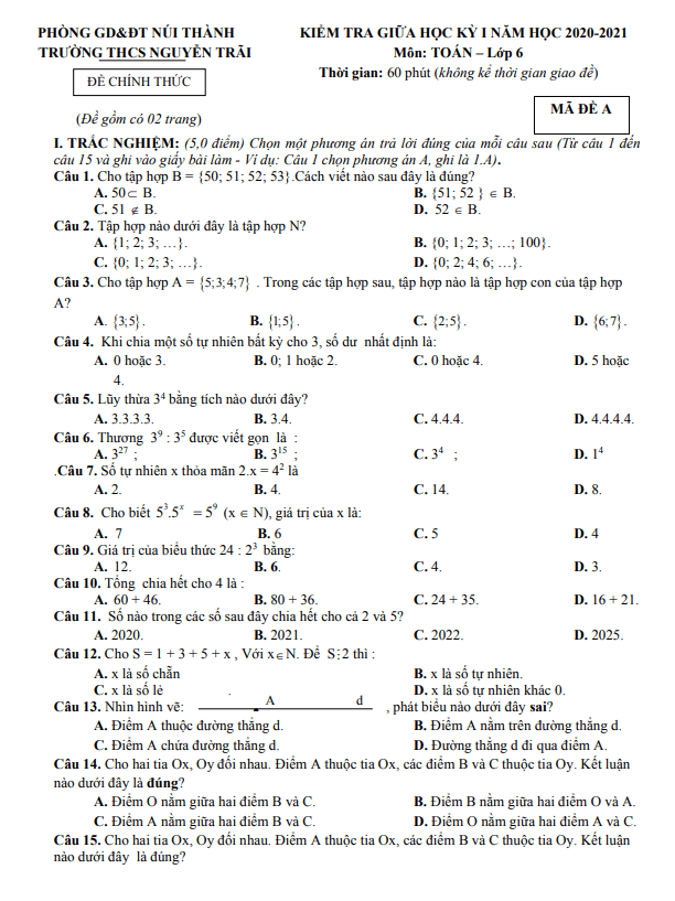 Đề thi giữa học kì 1 (HK1) lớp 6 môn Toán năm 2020 2021 trường THCS Nguyễn Trãi Quảng Nam