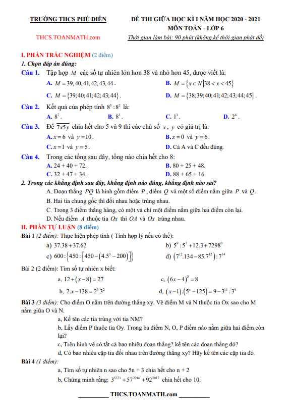 Đề thi giữa học kì 1 (HK1) lớp 6 môn Toán năm 2020 2021 trường THCS Phú Diễn Hà Nội