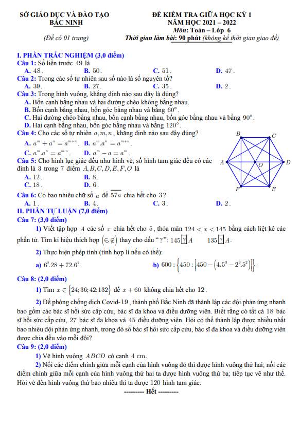 Đề thi giữa học kì 1 (HK1) lớp 6 môn Toán năm 2021 2022 sở GD ĐT Bắc Ninh