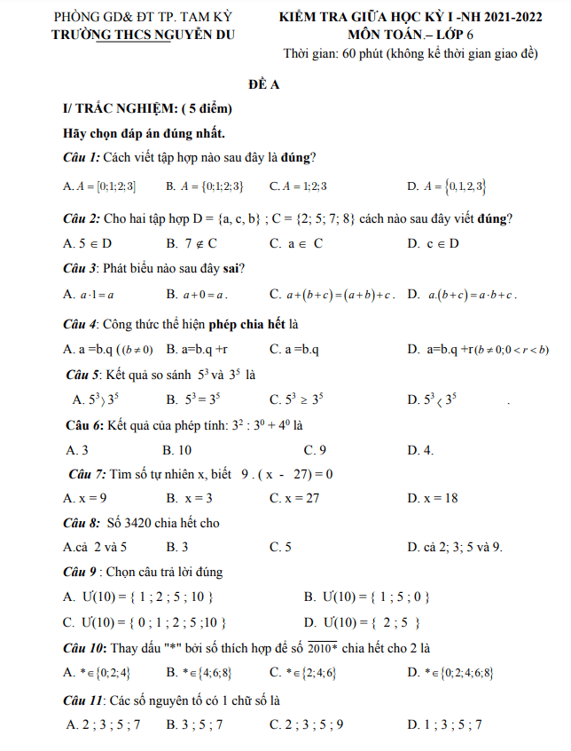 Đề thi giữa học kì 1 (HK1) lớp 6 môn Toán năm 2021 2022 trường THCS Nguyễn Du Quảng Nam