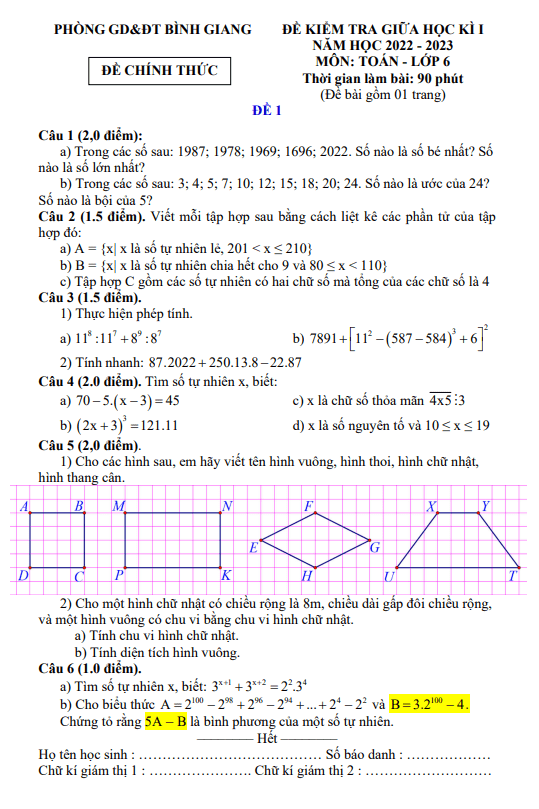 Đề thi giữa học kì 1 (HK1) lớp 6 môn Toán năm 2022 2023 phòng GD ĐT Bình Giang Hải Dương
