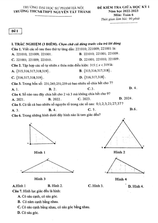 Đề thi giữa học kì 1 (HK1) lớp 6 môn Toán năm 2022 2023 trường Nguyễn Tất Thành Hà Nội