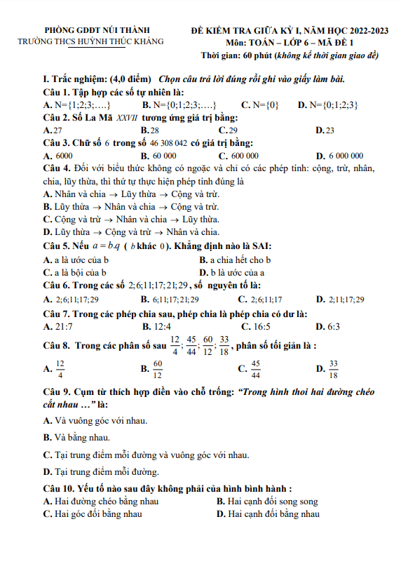 Đề thi giữa học kì 1 (HK1) lớp 6 môn Toán năm 2022 2023 trường THCS Huỳnh Thúc Kháng Quảng Nam