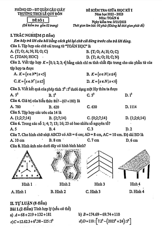 Đề thi giữa học kì 1 (HK1) lớp 6 môn Toán năm 2022 2023 trường THCS Lê Quý Đôn Hà Nội