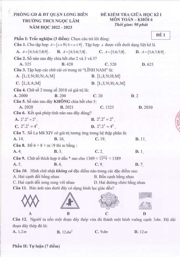 Đề thi giữa học kì 1 (HK1) lớp 6 môn Toán năm 2022 2023 trường THCS Ngọc Lâm Hà Nội