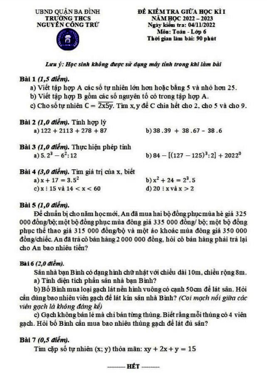 Đề thi giữa học kì 1 (HK1) lớp 6 môn Toán năm 2022 2023 trường THCS Nguyễn Công Trứ Hà Nội