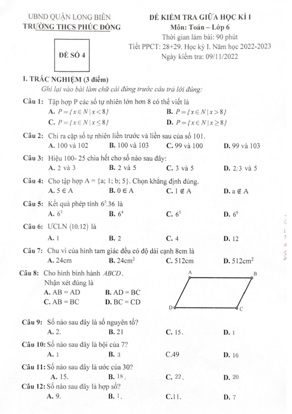 Đề thi giữa học kì 1 (HK1) lớp 6 môn Toán năm 2022 2023 trường THCS Phúc Đồng Hà Nội