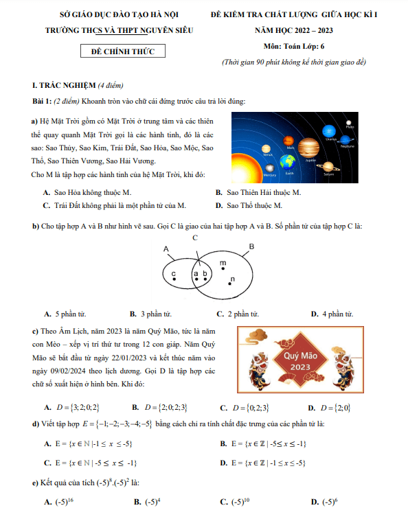 Đề thi giữa học kì 1 (HK1) lớp 6 môn Toán năm 2022 2023 trường THCS THPT Nguyễn Siêu Hà Nội