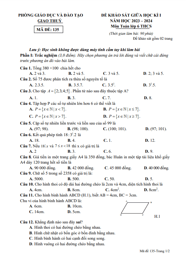 Đề thi giữa học kì 1 (HK1) lớp 6 môn Toán năm 2023 2024 phòng GD ĐT Giao Thuỷ Nam Định
