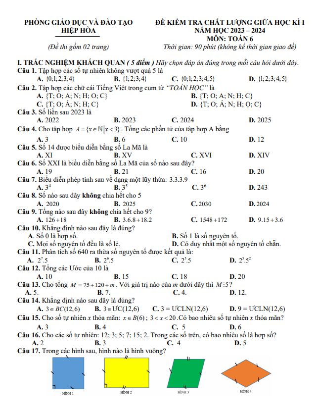 Đề thi giữa học kì 1 (HK1) lớp 6 môn Toán năm 2023 2024 phòng GD ĐT Hiệp Hòa Bắc Giang