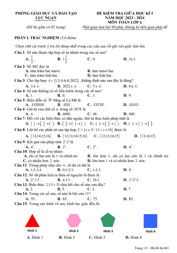 Đề thi giữa học kì 1 (HK1) lớp 6 môn Toán năm 2023 2024 phòng GD ĐT Lục Ngạn Bắc Giang