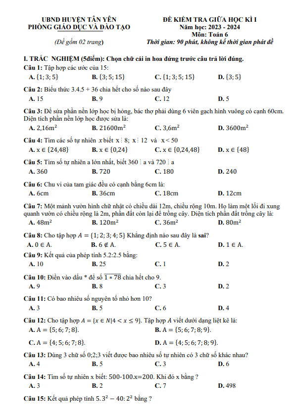 Đề thi giữa học kì 1 (HK1) lớp 6 môn Toán năm 2023 2024 phòng GD ĐT Tân Yên Bắc Giang