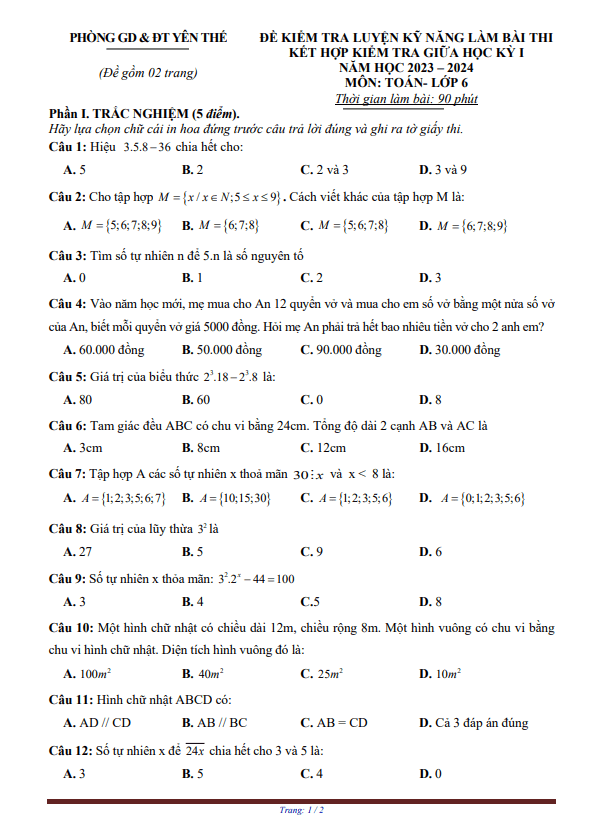 Đề thi giữa học kì 1 (HK1) lớp 6 môn Toán năm 2023 2024 phòng GD ĐT Yên Thế Bắc Giang