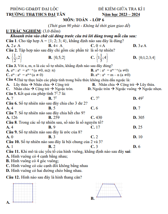 Đề thi giữa học kì 1 (HK1) lớp 6 môn Toán năm 2023 2024 trường TH THCS Đại Tân Quảng Nam