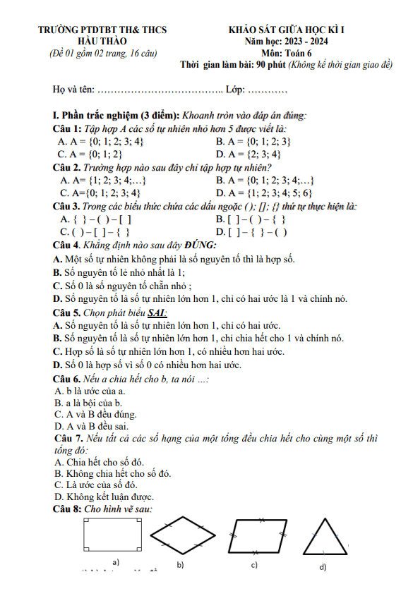 Đề thi giữa học kì 1 (HK1) lớp 6 môn Toán năm 2023 2024 trường TH THCS Hầu Thào Lào Cai