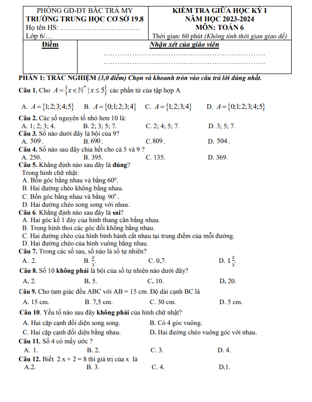 Đề thi giữa học kì 1 (HK1) lớp 6 môn Toán năm 2023 2024 trường THCS 19.8 Quảng Nam