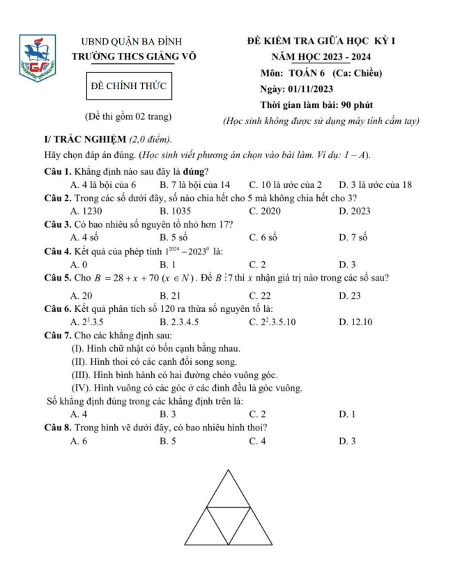 Đề thi giữa học kì 1 (HK1) lớp 6 môn Toán năm 2023 2024 trường THCS Giảng Võ Hà Nội