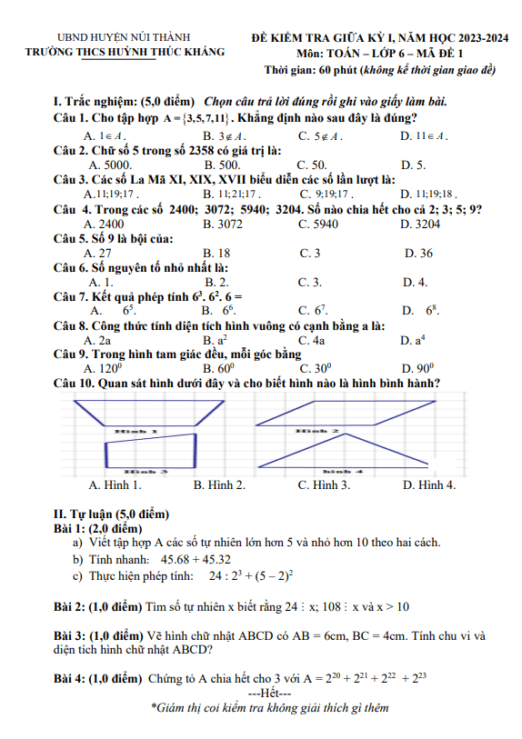 Đề thi giữa học kì 1 (HK1) lớp 6 môn Toán năm 2023 2024 trường THCS Huỳnh Thúc Kháng Quảng Nam