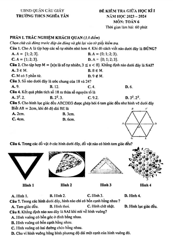 Đề thi giữa học kì 1 (HK1) lớp 6 môn Toán năm 2023 2024 trường THCS Nghĩa Tân Hà Nội