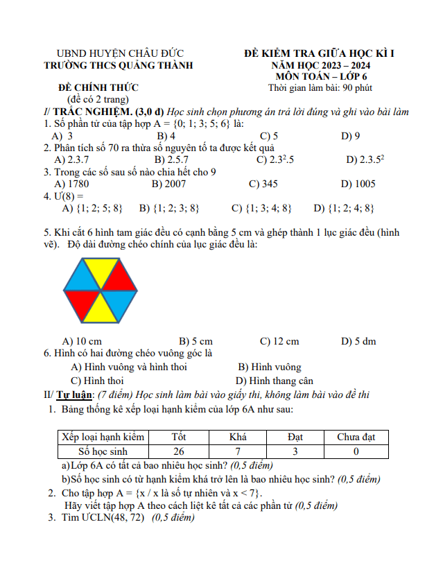 Đề thi giữa học kì 1 (HK1) lớp 6 môn Toán năm 2023 2024 trường THCS Quảng Thành BR VT
