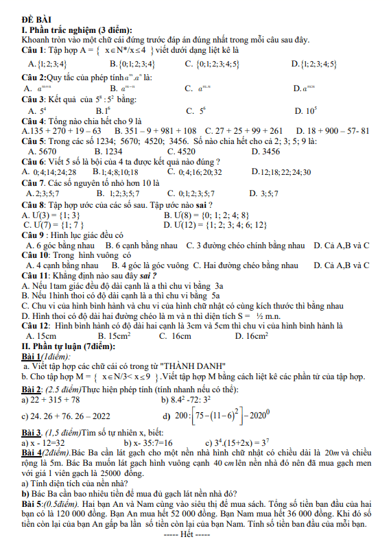 Đề thi giữa học kì 1 (HK1) lớp 6 môn Toán năm 2023 2024 trường THCS Tân Thắng Hải Phòng