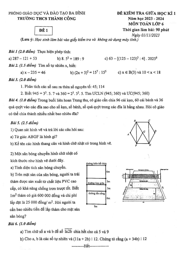Đề thi giữa học kì 1 (HK1) lớp 6 môn Toán năm 2023 2024 trường THCS Thành Công Hà Nội