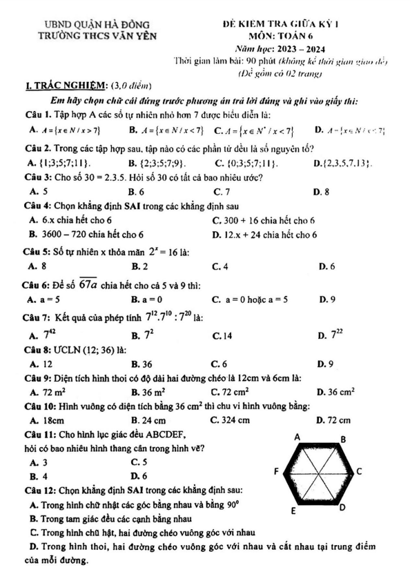 Đề thi giữa học kì 1 (HK1) lớp 6 môn Toán năm 2023 2024 trường THCS Văn Yên Hà Nội