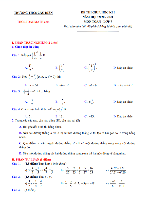 Đề thi giữa học kì 1 (HK1) lớp 7 môn Toán năm 2020 2021 trường THCS Cầu Diễn Hà Nội