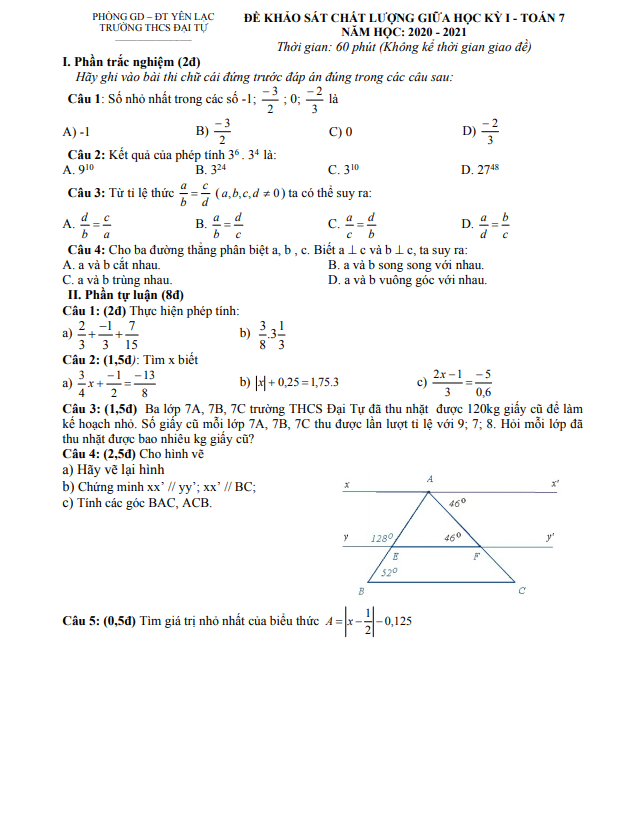 Đề thi giữa học kì 1 (HK1) lớp 7 môn Toán năm 2020 2021 trường THCS Đại Tự Vĩnh Phúc