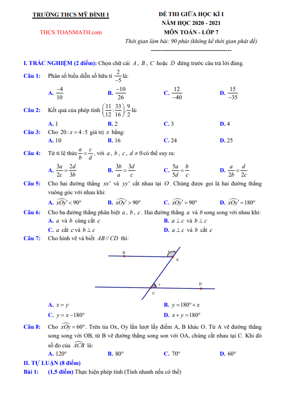Đề thi giữa học kì 1 (HK1) lớp 7 môn Toán năm 2020 2021 trường THCS Mỹ Đình 1 Hà Nội