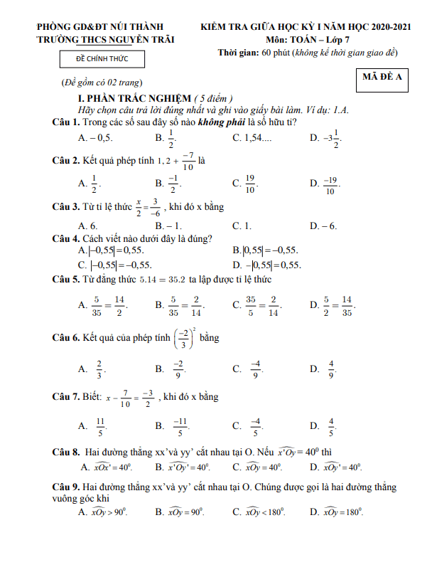 Đề thi giữa học kì 1 (HK1) lớp 7 môn Toán năm 2020 2021 trường THCS Nguyễn Trãi Quảng Nam