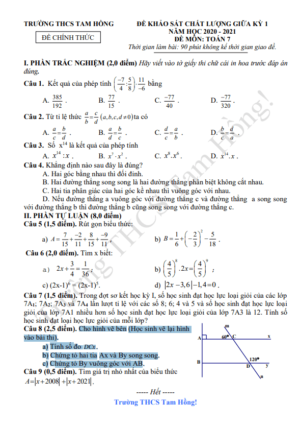 Đề thi giữa học kì 1 (HK1) lớp 7 môn Toán năm 2020 2021 trường THCS Tam Hồng Vĩnh Phúc