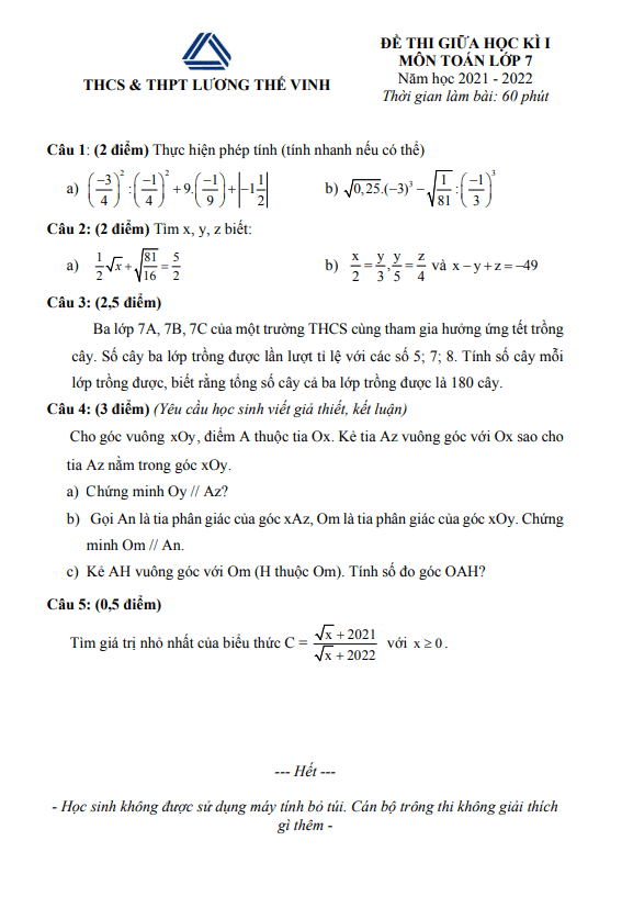 Đề thi giữa học kì 1 (HK1) lớp 7 môn Toán năm 2021 2022 trường Lương Thế Vinh Hà Nội