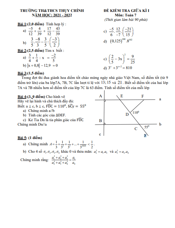 Đề thi giữa học kì 1 (HK1) lớp 7 môn Toán năm 2021 2022 trường TH THCS Thụy Chính Thái Bình