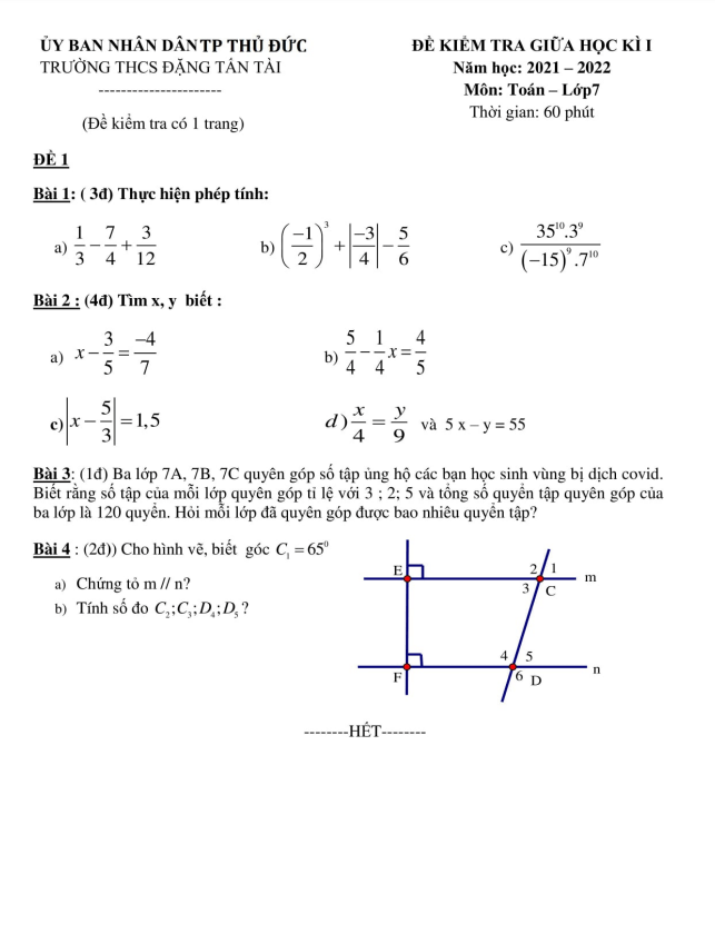 Đề thi giữa học kì 1 (HK1) lớp 7 môn Toán năm 2021 2022 trường THCS Đặng Tấn Tài TP HCM