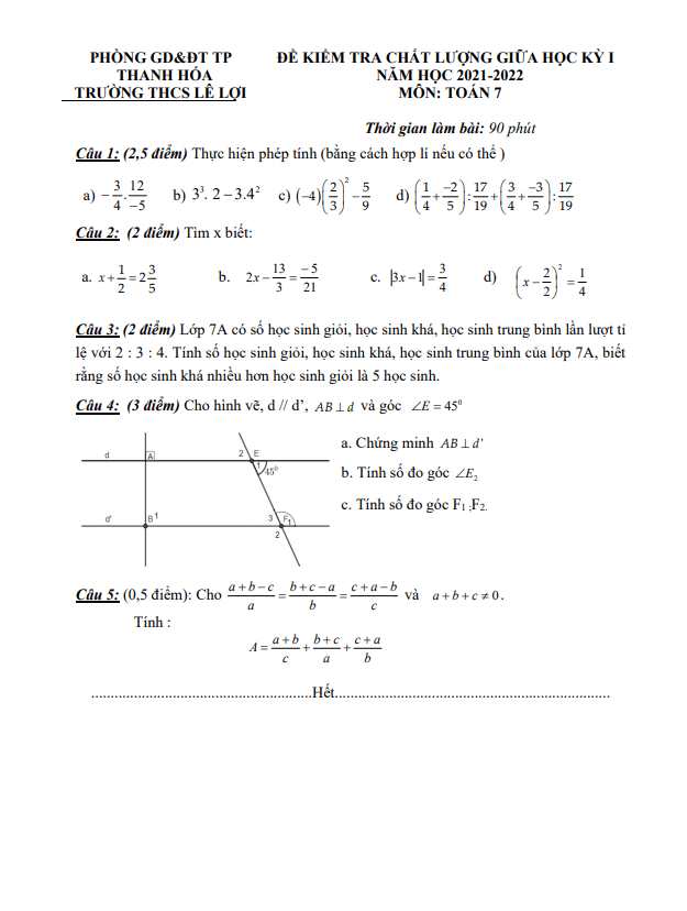 Đề thi giữa học kì 1 (HK1) lớp 7 môn Toán năm 2021 2022 trường THCS Lê Lợi Thanh Hóa
