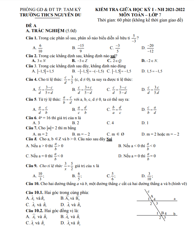 Đề thi giữa học kì 1 (HK1) lớp 7 môn Toán năm 2021 2022 trường THCS Nguyễn Du Quảng Nam