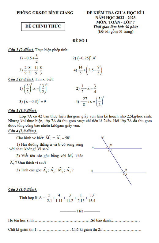 Đề thi giữa học kì 1 (HK1) lớp 7 môn Toán năm 2022 2023 phòng GD ĐT Bình Giang Hải Dương
