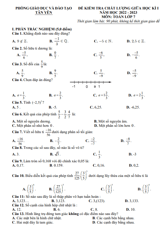 Đề thi giữa học kì 1 (HK1) lớp 7 môn Toán năm 2022 2023 phòng GD ĐT Tân Yên Bắc Giang
