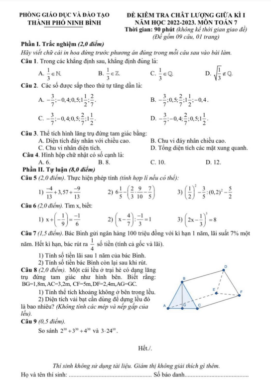 Đề thi giữa học kì 1 (HK1) lớp 7 môn Toán năm 2022 2023 phòng GD ĐT thành phố Ninh Bình