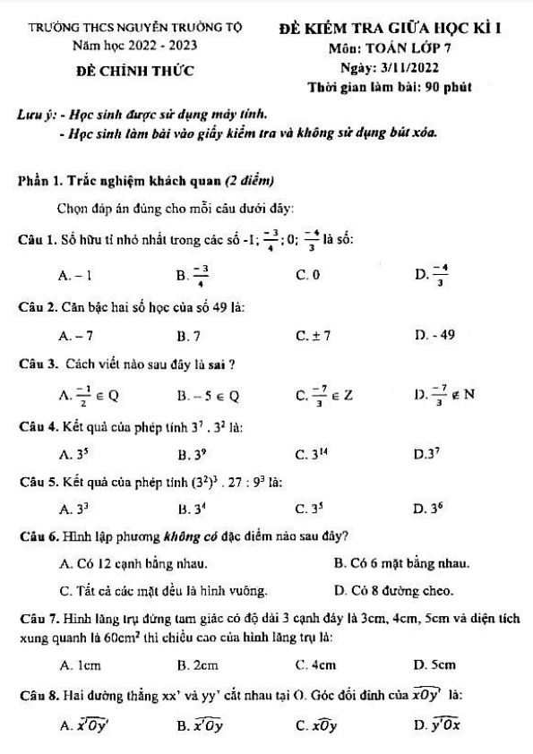 Đề thi giữa học kì 1 (HK1) lớp 7 môn Toán năm 2022 2023 trường THCS Nguyễn Trường Tộ Hà Nội