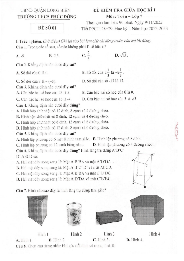 Đề thi giữa học kì 1 (HK1) lớp 7 môn Toán năm 2022 2023 trường THCS Phúc Đồng Hà Nội