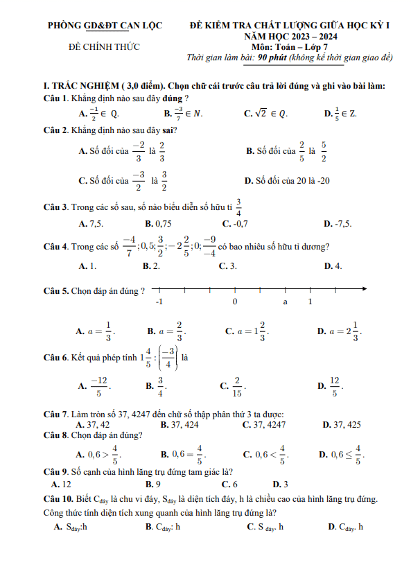 Đề thi giữa học kì 1 (HK1) lớp 7 môn Toán năm 2023 2024 phòng GD ĐT Can Lộc Hà Tĩnh