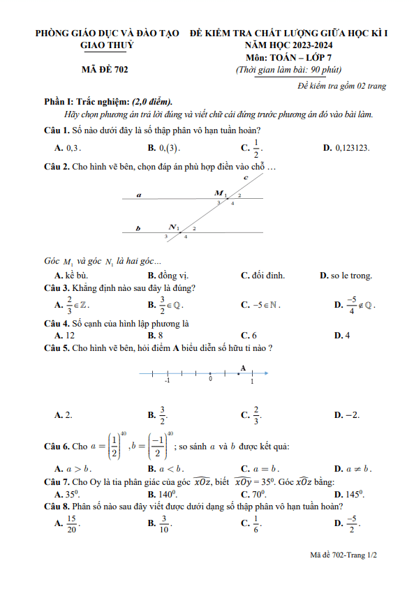Đề thi giữa học kì 1 (HK1) lớp 7 môn Toán năm 2023 2024 phòng GD ĐT Giao Thuỷ Nam Định