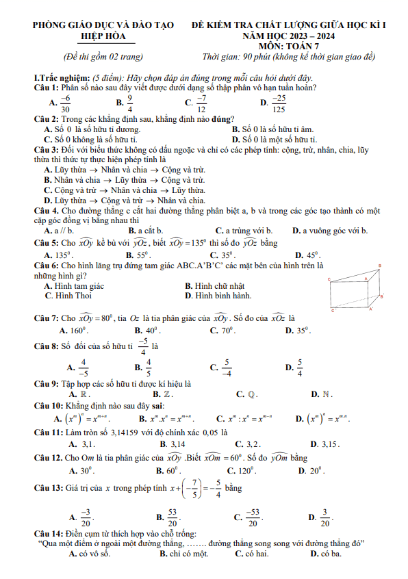 Đề thi giữa học kì 1 (HK1) lớp 7 môn Toán năm 2023 2024 phòng GD ĐT Hiệp Hòa Bắc Giang