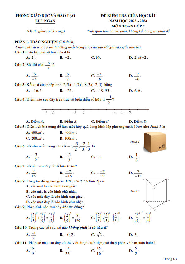 Đề thi giữa học kì 1 (HK1) lớp 7 môn Toán năm 2023 2024 phòng GD ĐT Lục Ngạn Bắc Giang
