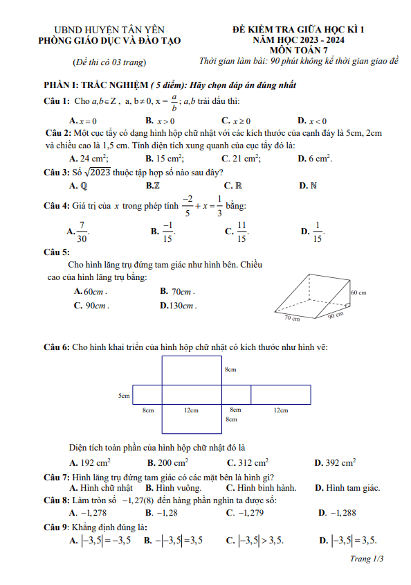 Đề thi giữa học kì 1 (HK1) lớp 7 môn Toán năm 2023 2024 phòng GD ĐT Tân Yên Bắc Giang